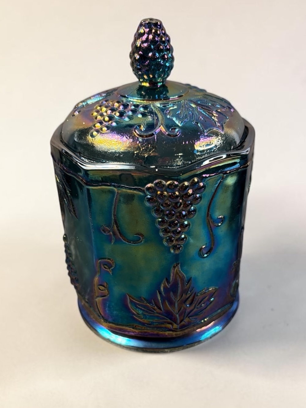 VINTAGE INDIANA GLASS BLUE CARNIVAL HARVEST GRAPE LIDDED CANISTER